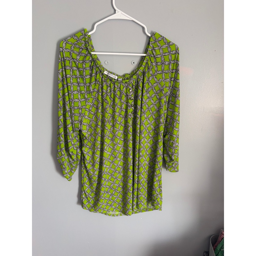 Notations Woman Green Geometric Link Print Blouse 2X 3/4 Sleeve ITU7273